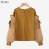 ZANZEA Women Casual Round Neck Mesh Splice Long Sleeve Blouse