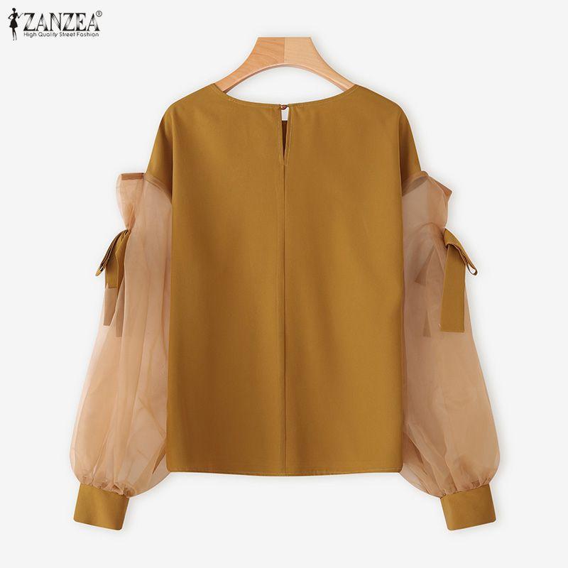 ZANZEA Women Casual Round Neck Mesh Splice Long Sleeve Blouse