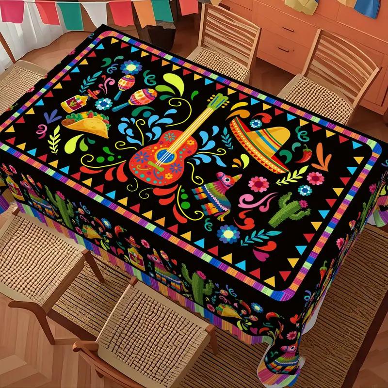 Mexicaans Thema Kleurrijk Bloemen Gitaar Rechthoekig Tafelkleed Fiesta Feest Decoratie Mexico Dag van de Doden Tafelkleden Tafel Decoratie 140x180cm