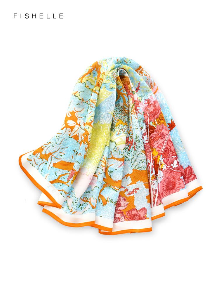 Orange Forest 100% Silk Scarf Shawl Glossy Wrap Bandana Hijab Women Square Scarves Headband Luxurious Gifts 90CM Kerchief