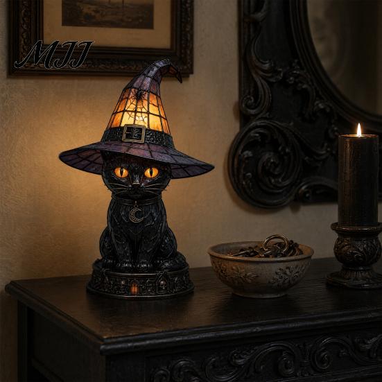 Seasonal Home Lighting Halloween Witch Cat Night Light, Resin Table Lamp with Warm Vintage Style Glow, Gothic Decor for Bedroom Shelf, Spooky