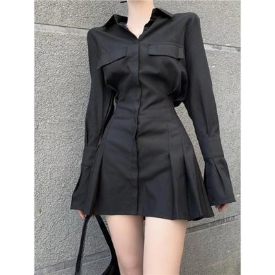Robe chemise noire pour femmes, élégante, Vintage, manches longues, Sexy, gothique, plissée, Streetwear, col rabattu, Robe décontractée