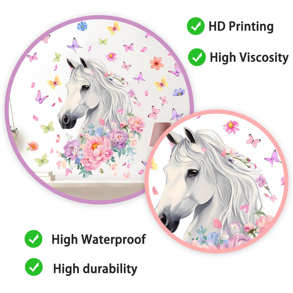 Self Adhesive Wall Stickers Horses Flowers Butterflies for Kids Room Living Room Background Wall Decoration