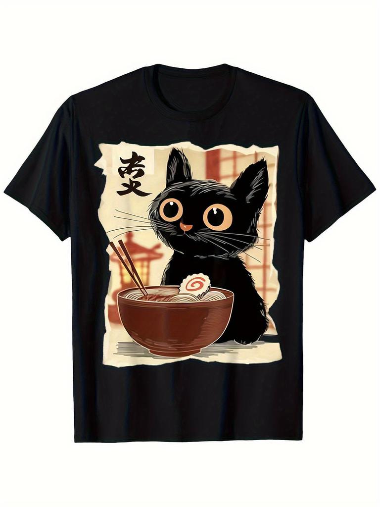 Vintage Graphic 100 Cotton TShirt Black Cat With RaUnisex Bowl And Chopsticks Japanese Theme Summer