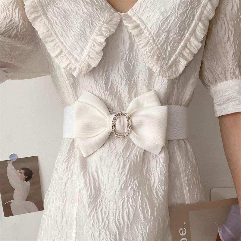 French high-end diamond bow belt with skirt fashionable sweet black wide elastic waist seal for women