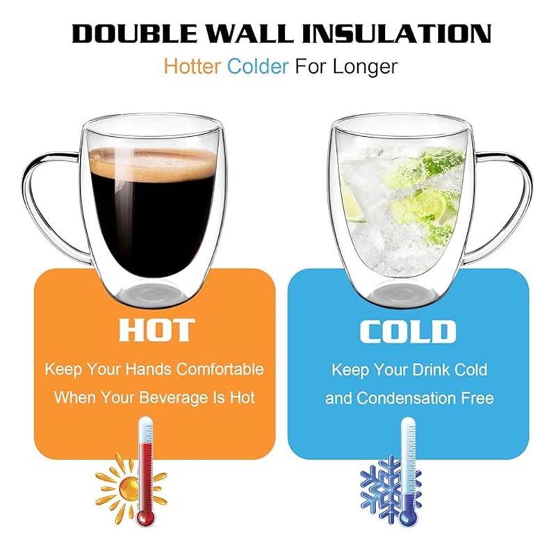 Double Wall Glass Coffee Mugs Milk Mug with Handle Cappuccino Latte Hot Drink Classic Coffee Glass Set Heat Cold Resistant Glass