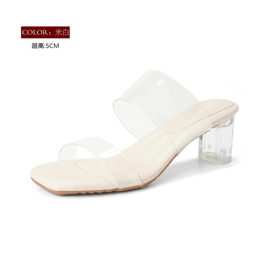 Huizhou women's shoes~ Small classic one-pedal transparent sandals Internet celebrity thick heel crystal slippers sexy high heels