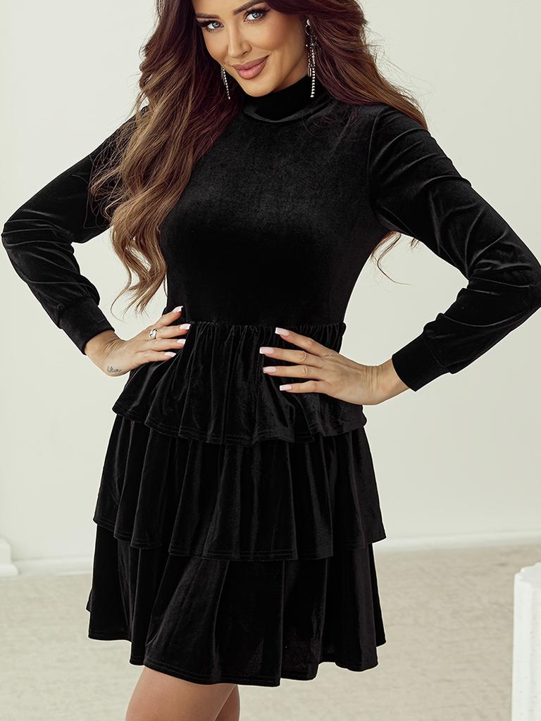 Fall Winter New Women's Velvet Dress Stand Collar High Waist Long Sleeve Ruffled Layered Short Skirt