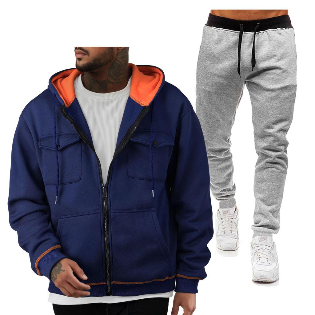 Men's 220g Pullover Hoodie Sweatshirt with Double Pockets and Zip-Up Cardigan Sports Casual Set