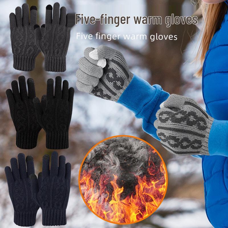 Knitted Touchscreen Five-Finger Gloves: Warm, Breathable, and Fingerless with Jacquard Texture & Fleece Lining for Autumn and Winter.