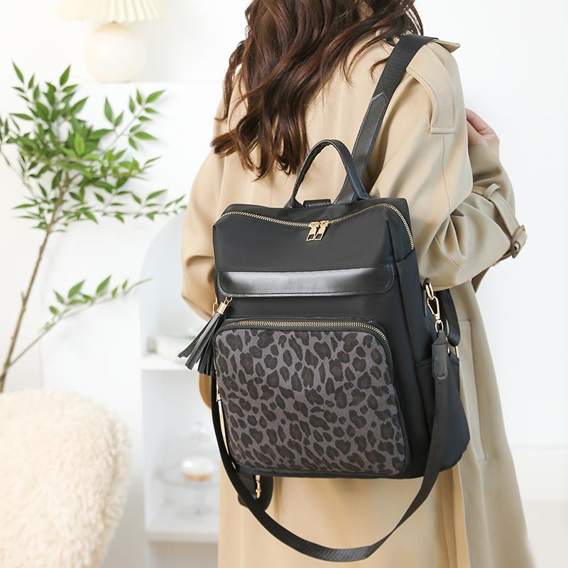 Vintage Leopard Print Stitching Backpack Multi-functional Shoulder Bag Large Capacity Student Backpack