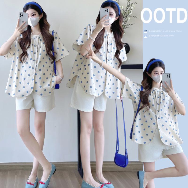 2026 Summer Maternity Polka Dot Short Sleeve Shirt, Korean Style Loose-fit Belly Covering Top 2X Large