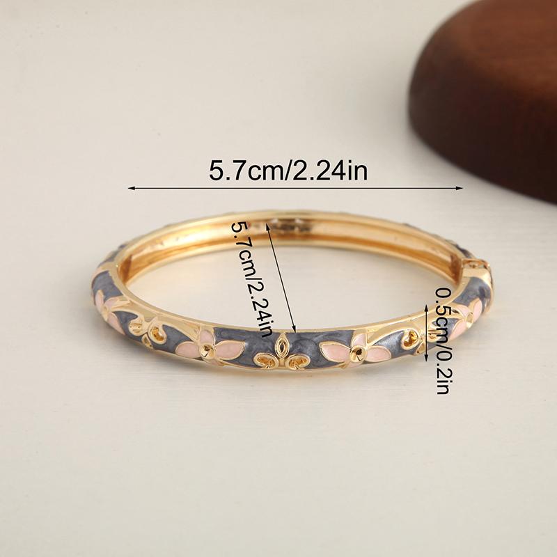Enamel Floral Bangle Bracelet Gold-Tone Accent Vintage Open Cuff Elegant Bohemian Jewelry For Women Daily Party Gift