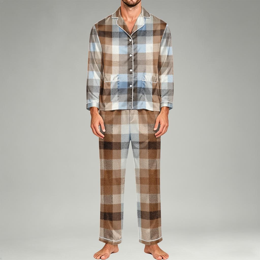 Men's Long Sleeve Button-Down Pajama Set, 2-Piece Sleepwear Loungewear with Pants for Home and Bedtime