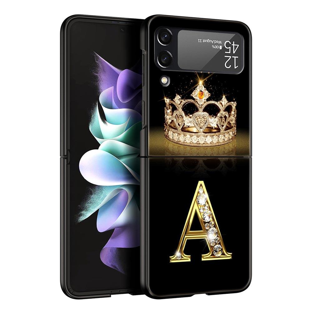 Custodia per Telefono per Samsung Galaxy Z Flip 3 4 5 Pieghevole Guscio Cellulare Duro PC Nero Capa Cover Protettiva Moda Corona di Diamanti Lettera A