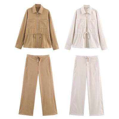 Europäisches & Amerikanisches Damen Reversjacke mit Verstellbarer Taille & Taschen + Weite Hosen Set