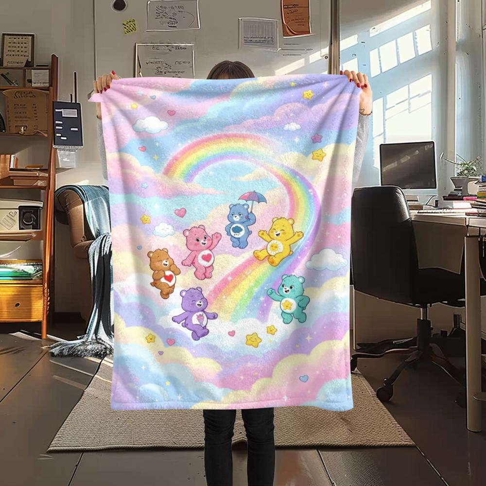 1PC Care Bears Print Flannel Blanket, High quality Comfortable for All Seasons, Home Decor, Warmth and Comfort, Perfect for Christmas Gifts