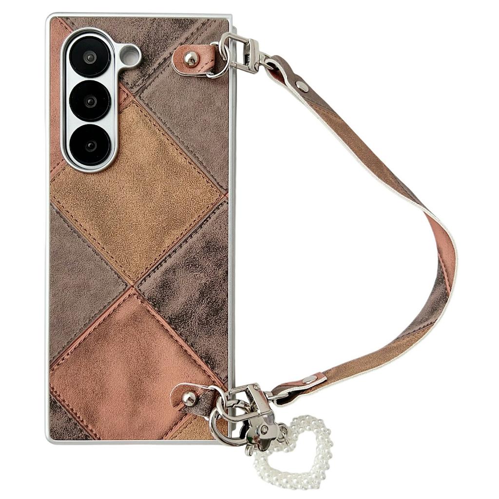 For Samsung Galaxy Z Fold6 5G Case Retro Rhombus PU+PC Phone Cover with Love Pendant and Strap