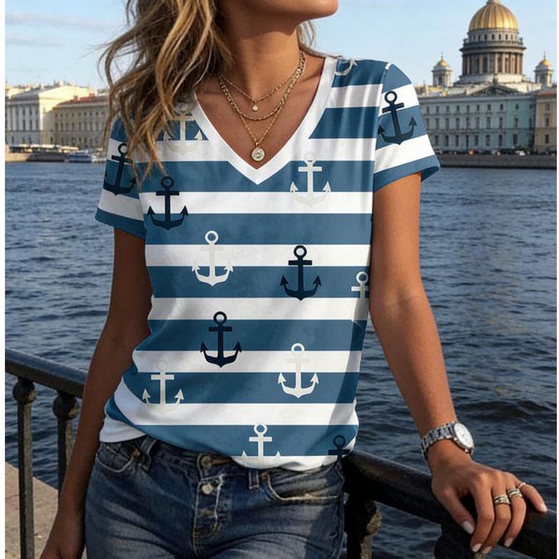 Neue Ankerstreifen 3D-Druck T-Shirts Damen Kurzarm V-Ausschnitt T-Shirt Lässige Tops Y2k Harajuku T-Shirts Streetwear Damenbekleidung