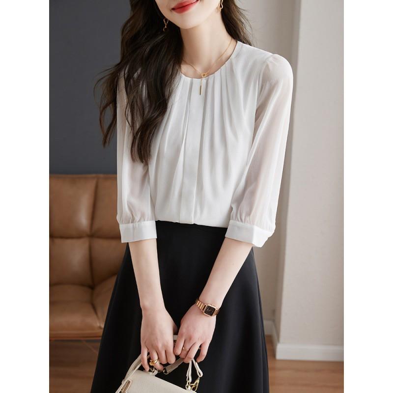 Womens Lightweight Chiffon Blouse 7/8 Sleeve Button-Up Shirt Office Wear Slim Fit 2026