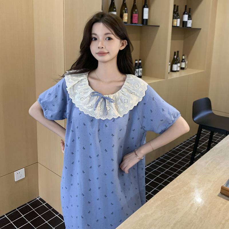 Pajamas women's summer sweet princess style lace short-sleeved pajamas women's loose long over-the-knee girls' home