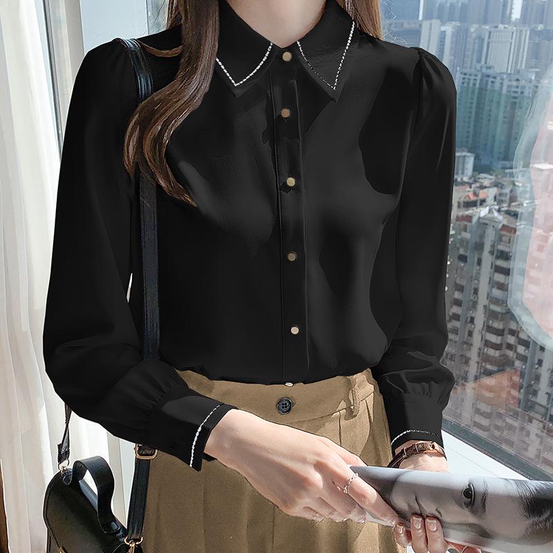 2026 Spring/Autumn Women s Satin Shirt: Long Sleeve, Color-Blocking, Formal Design XL