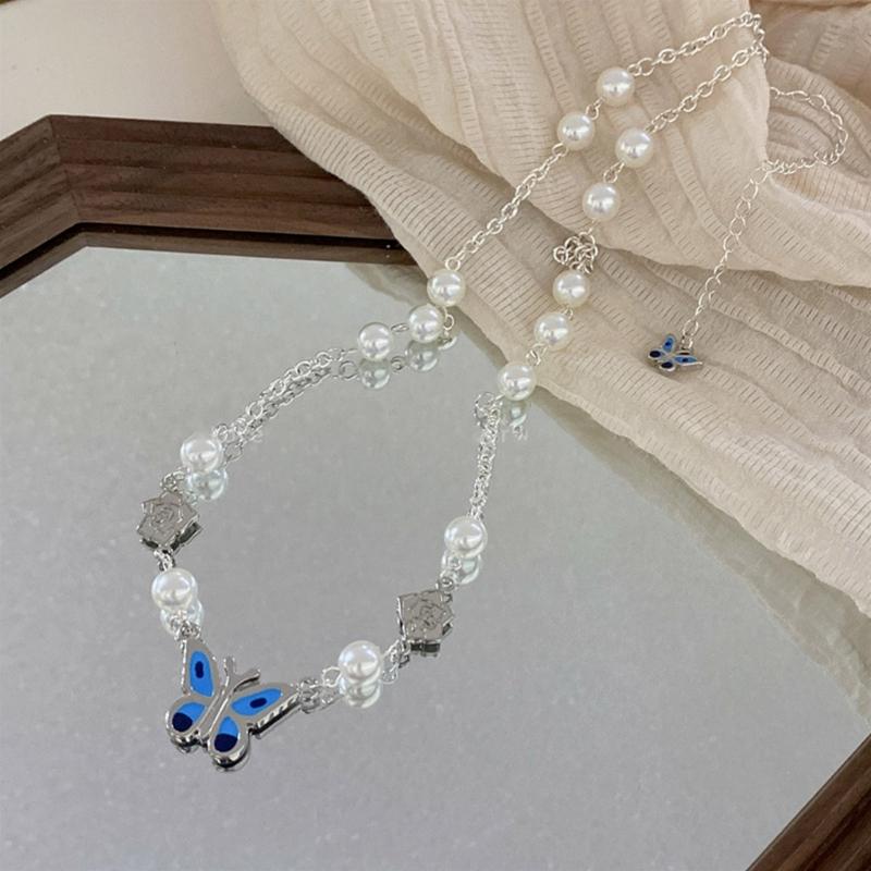 Women's Butterfly Pendant Beaded Necklace Flower Pearl Chain Necklace Y2K Clavicle Chain Choker Necklace Jewelry Gift