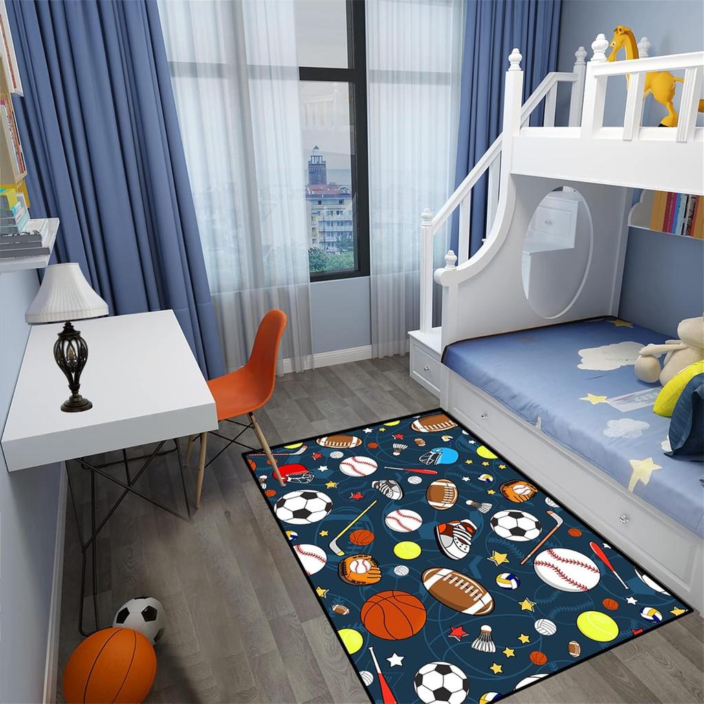 Sports Balls Rug for Boys Bedroom, Football, Basketball, Soccer Carpet, Non-Slip Sports Room Decor Rug for Kids