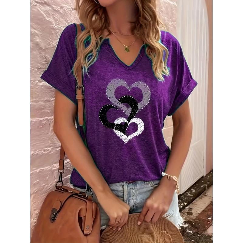 New Summer Folded Sleeve Heart Print V-neck Plus-size Short-sleeved T-shirt
