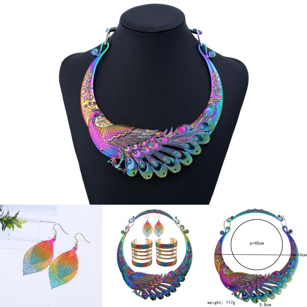 Colorful Necklace Earrings Bracelet Three Piece Set With Peacock Shaped Designss For Gift And Party