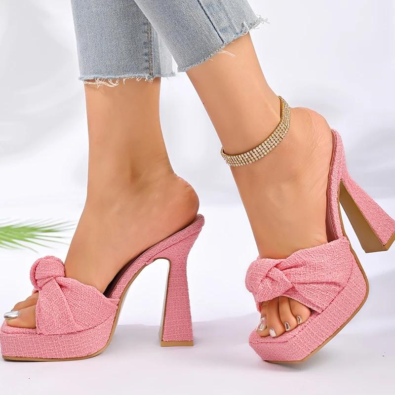 Mode Mode Schleifenknoten Dicke Sohle Pantoletten Damen Neuer Stil Quadratische Zehenpartie Hoher Absatz Hausschuhe Weiblich Sommer Übergröße Slipper Sandalen Mujer
