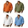 Fall Spring Men Shirt Lace-up Strap V Neck Long Sleeves Pure Color Pullover Loose Vintage Casual