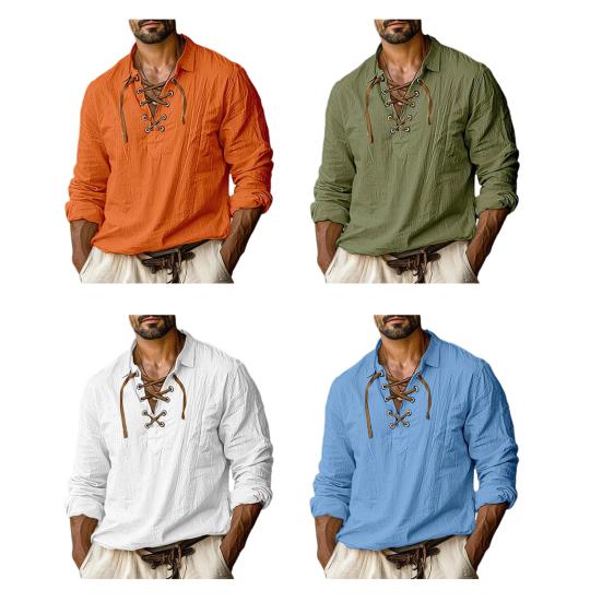 Fall Spring Men Shirt Lace-up Strap V Neck Long Sleeves Pure Color Pullover Loose Vintage Casual