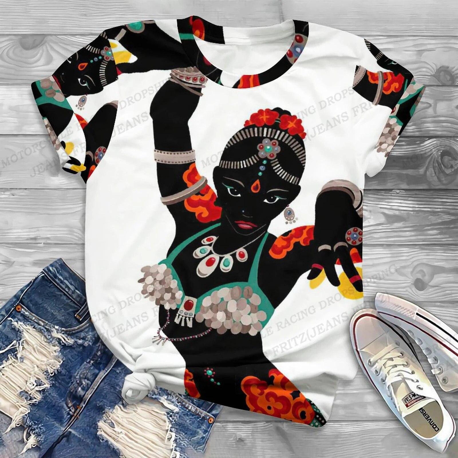 

Жіноча футболка Африканська дівчина Футболка з 3d-принтом Жіночі модні футболки Жіноча африканська футболка Harajuku Топи з короткими рукавами Чорні футболки M