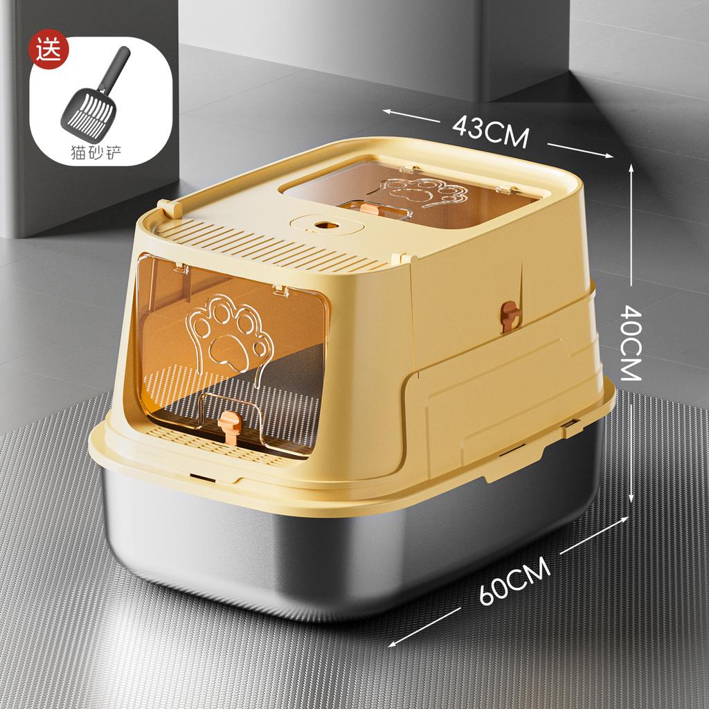 Large Enclosed Cat Litter Box Stainless Steel Anti-Scatter Cat Bedpan Fully Sealed Kitty Toilet High-Sided Pet Bathroom Solution
