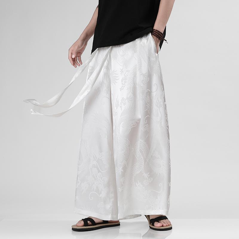 Men Ice Silk Wide Leg Pants Solid Color Loose Joggers Elastic Waist Trousers Men Streetwear Vintage Casual Long Pants