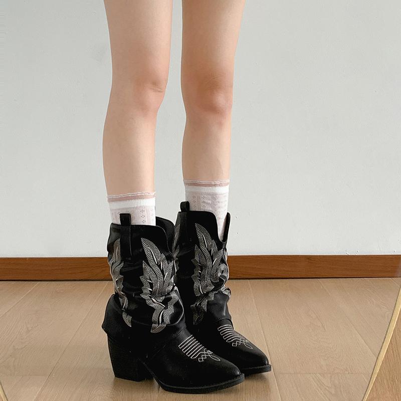 Fashion Vintage Pointed Toe Thick Heel Woman Western Cowgirl Boot Casual Slip On Short Booties Autumn Winter Hottie Shoes