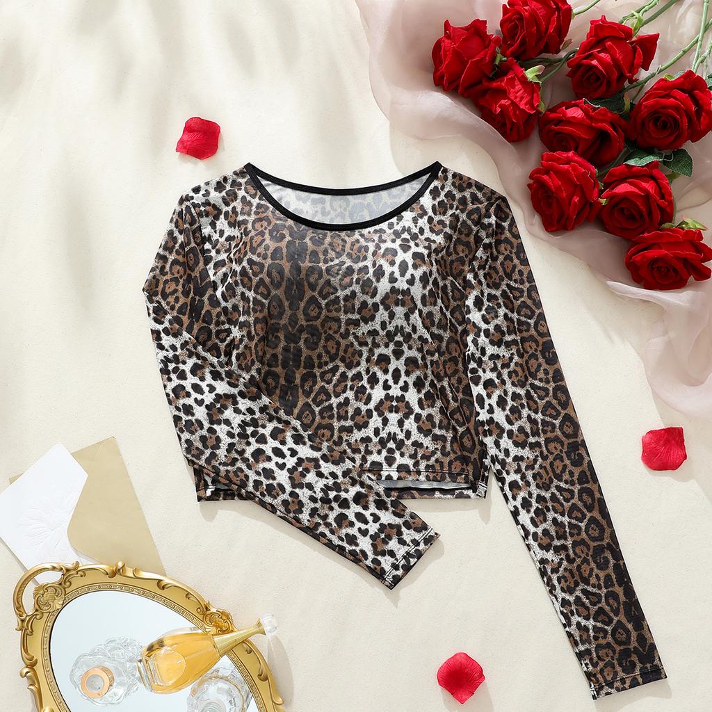 1Pc Womens Mesh Long Sleeve Tops Crew Neck Sexy Going Out See Through Shirts Party Club Night Lace Blouse Clubwear NO BRA