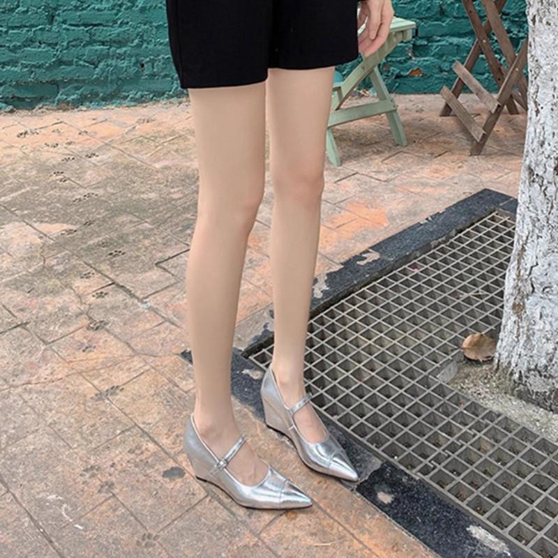 Corner Paris~ pointed wedge heel Mary Jane light mouth one-word buckle belt temperament silver high heel versatile single shoes women