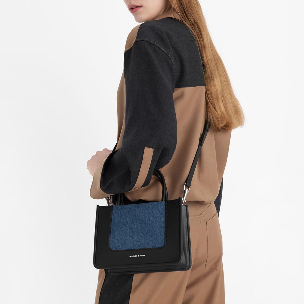 New CHARLES&KEITH PU/fabric Shoulder Bag, Crossbody Bag, Handbag Medium Size Women's Dark Denim Blue/Tan Tea Brown CK2-30701396-1-NEW