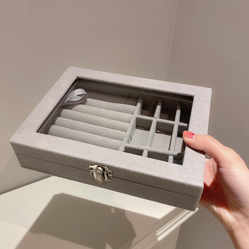 Jewelry box Simple gray Internet celebrity earrings storage box Large capacity portable storage box