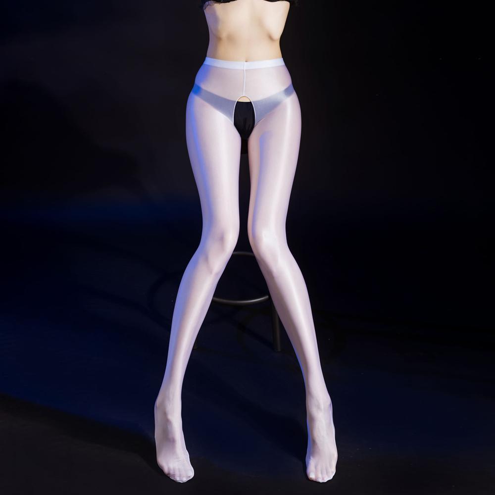 Sexy Women Maid Sheer See Through Pencil Pants Oil Glossy Shiny Yoga Shaping Tights Elastic Pack Hip Leggings Open Crotch