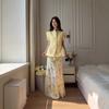  European and  women's new French V-neck short-sleeved waist cardigan floral wide pendulum long skirt set