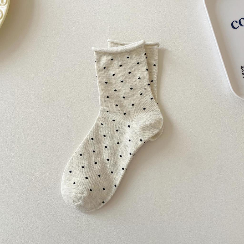 Pair 1 Women Rolled Edge Polka Dot Socks Mid Tube Socks Spring Summer Sweat Absorbing Breathable Sweet Long Socks Female