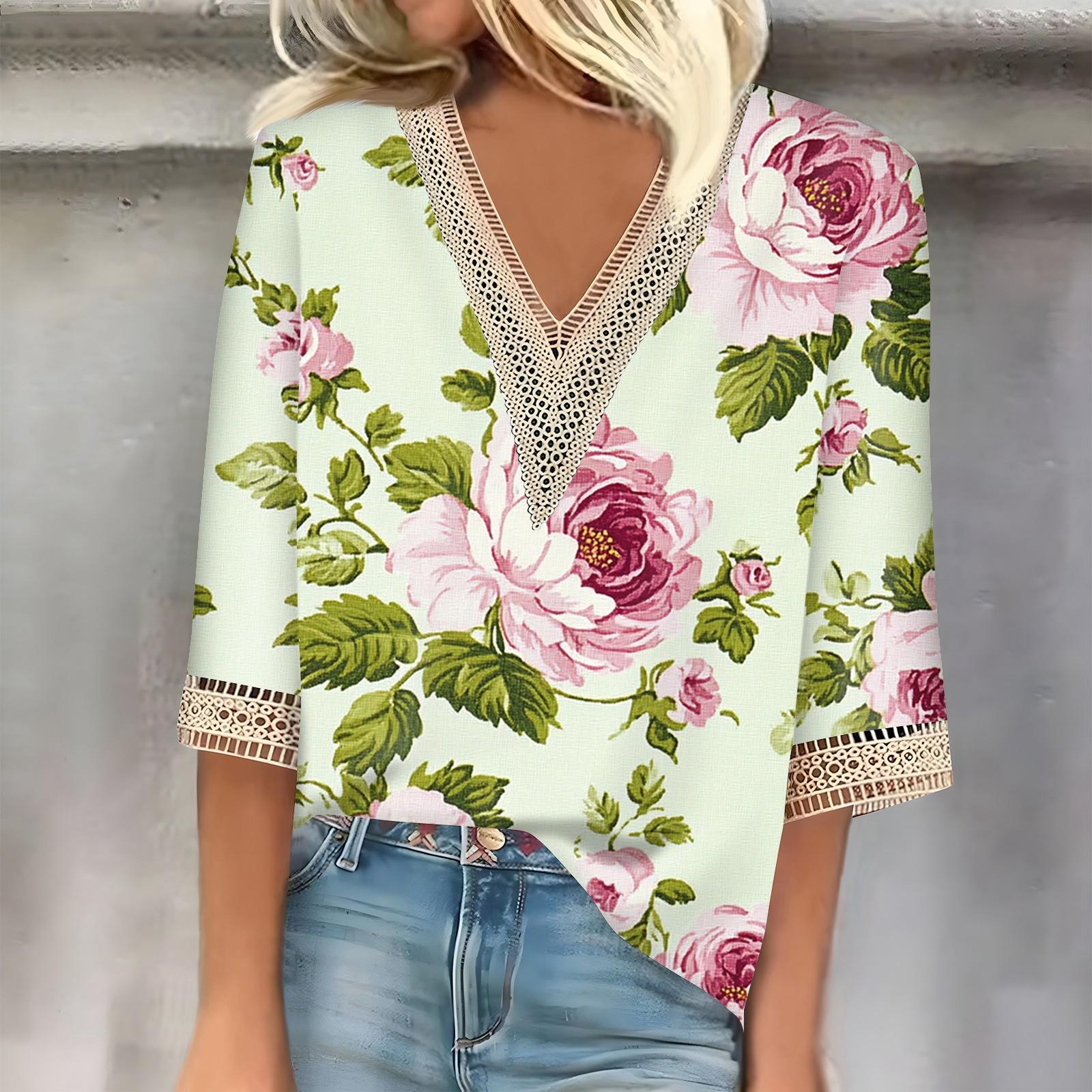 

Women s Vintage Print Lace Top With Three-quarter Sleeves Top M