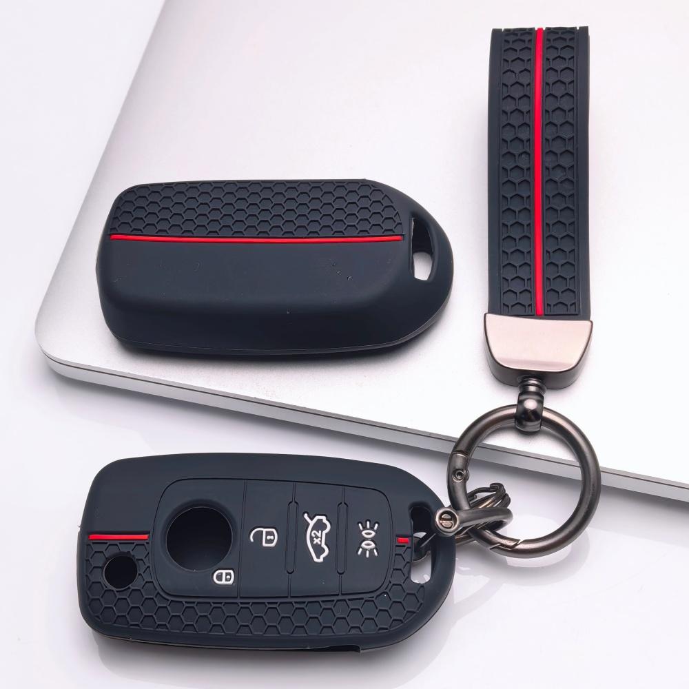 Silicone Key Fob Cover with Keychain for 4-button Flip Remote, Anti-Scratch & Anti-Drop Protective Case for Jeep Renegade Compass for Fiat 500X Toro