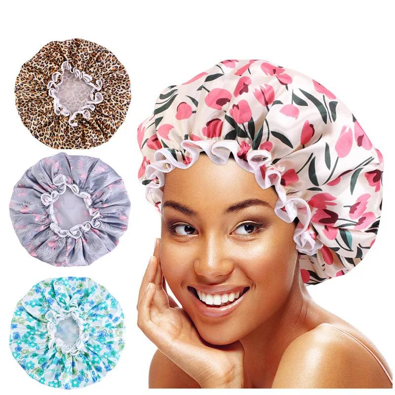 Large Lace Satin Anti-fume Cap PE Lined Waterproof Shower Cap Beauty Home Cap