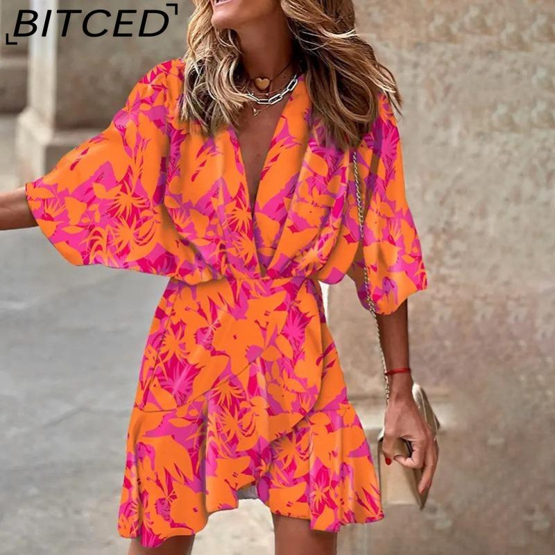 BITCED Women's Fashion Summer Spring Solid Color Print 3/4 Sleeves V-Neck High Waist Casual Dresses