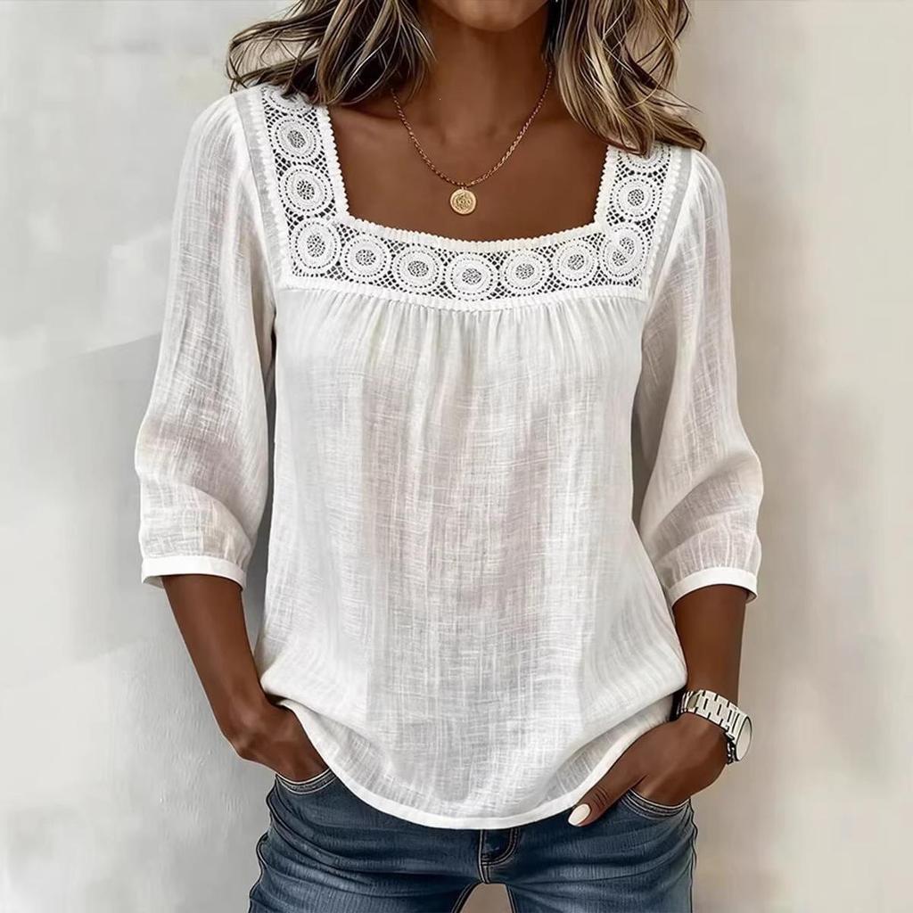 2026 Women's Summer Square Neck Lace Patchwork Cotton Linen Top