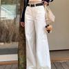 JYL Women's White Jeans Spring High-Waist Loose Slim Versatile Straight Denim
